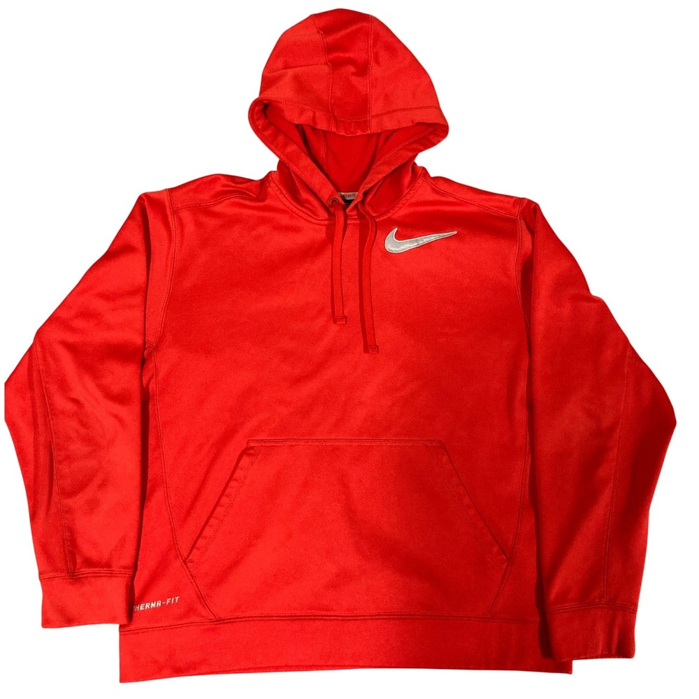 Nike Therma-FIT Mens Hoodie Red Fleece Pullover Sweatshirt Large 408102-600